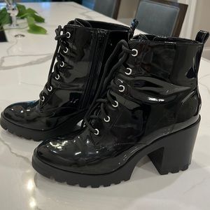 Black patent leather (faux) chunky sole boots.